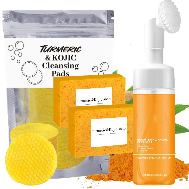 Turmeric Wash and Care 3 Piece Set Turmeric Trio Kojic Soap BarFacial PadsFace Cleansing Wash with Brush Jabon de Curcuma Tumeric Soap Facial Cleaner Skincare Three Set for Face  Body A